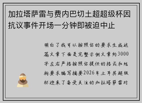加拉塔萨雷与费内巴切土超超级杯因抗议事件开场一分钟即被迫中止 加拉塔萨雷与费内巴切土超超级杯因抗议事件开场一分钟即被迫中止