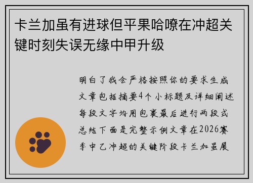 卡兰加虽有进球但平果哈嘹在冲超关键时刻失误无缘中甲升级